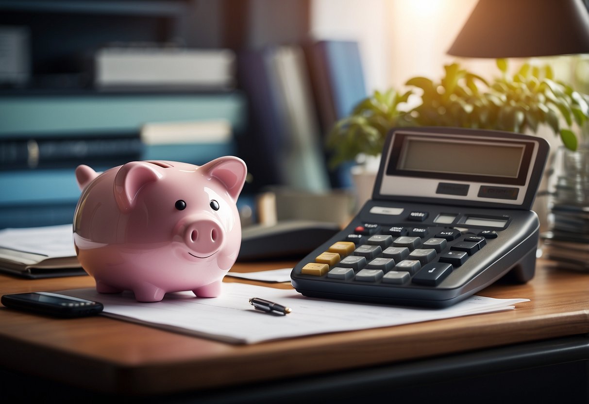 A desk with a computer, calculator, budget planner, insurance documents, legal papers, and a piggy bank on a shelf