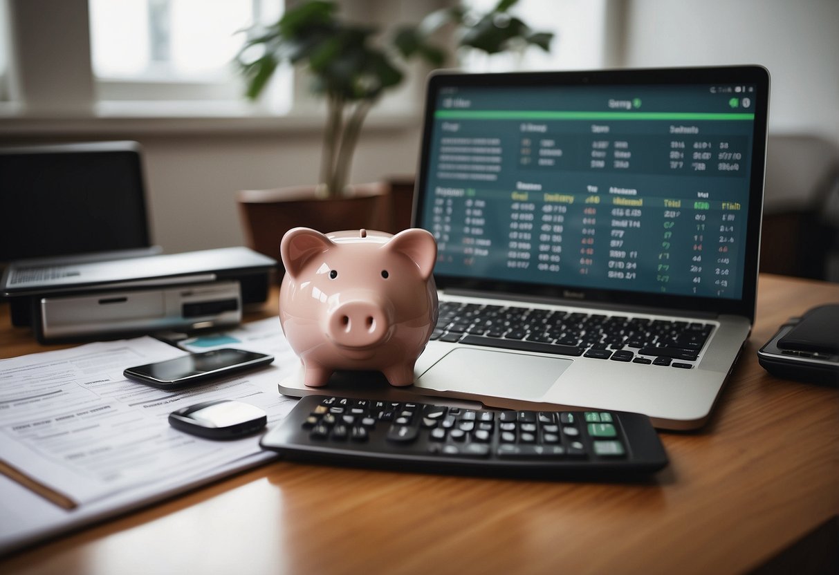 A desk with a laptop open to a financial management website, surrounded by relevant documents and a calendar. A piggy bank and calculator sit nearby