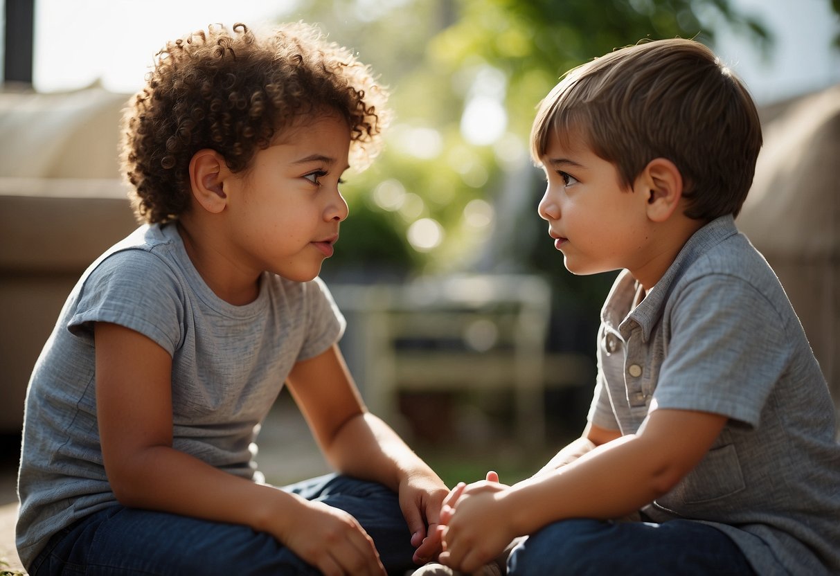 A young child sits cross-legged, listening attentively as an older sibling gently explains their special needs. The older sibling gestures and uses simple language to help the younger child understand and empathize