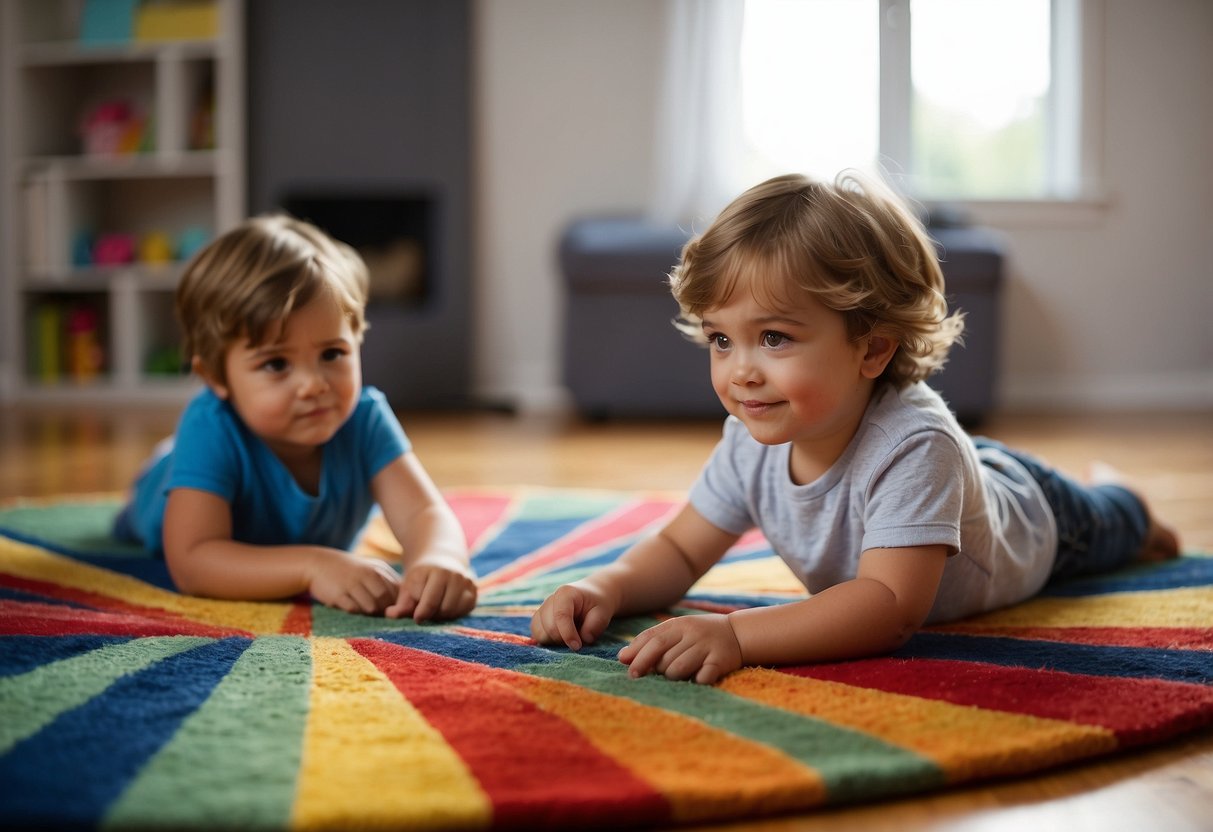 A young child sits on a colorful rug, listening attentively as an adult uses simple language to explain a sibling's special needs. The adult gestures and uses visual aids to help the child understand