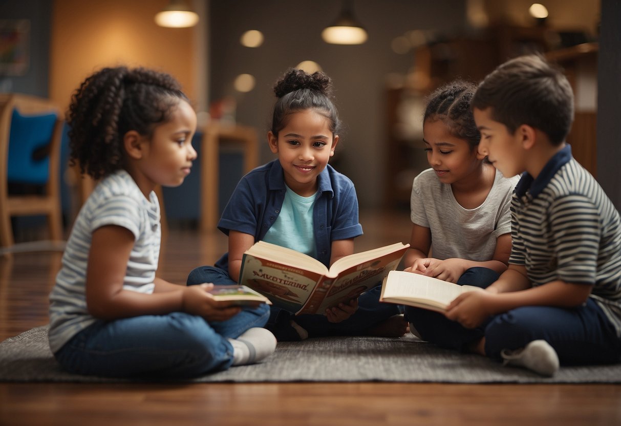 A group of diverse children sit in a circle, reading a book about special needs. One child points to the illustrations, while another listens attentively. The atmosphere is warm and inclusive