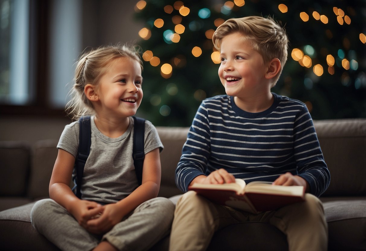 Two young children happily listening to a story about their sibling's special needs, with smiles on their faces and a sense of understanding and acceptance in their eyes