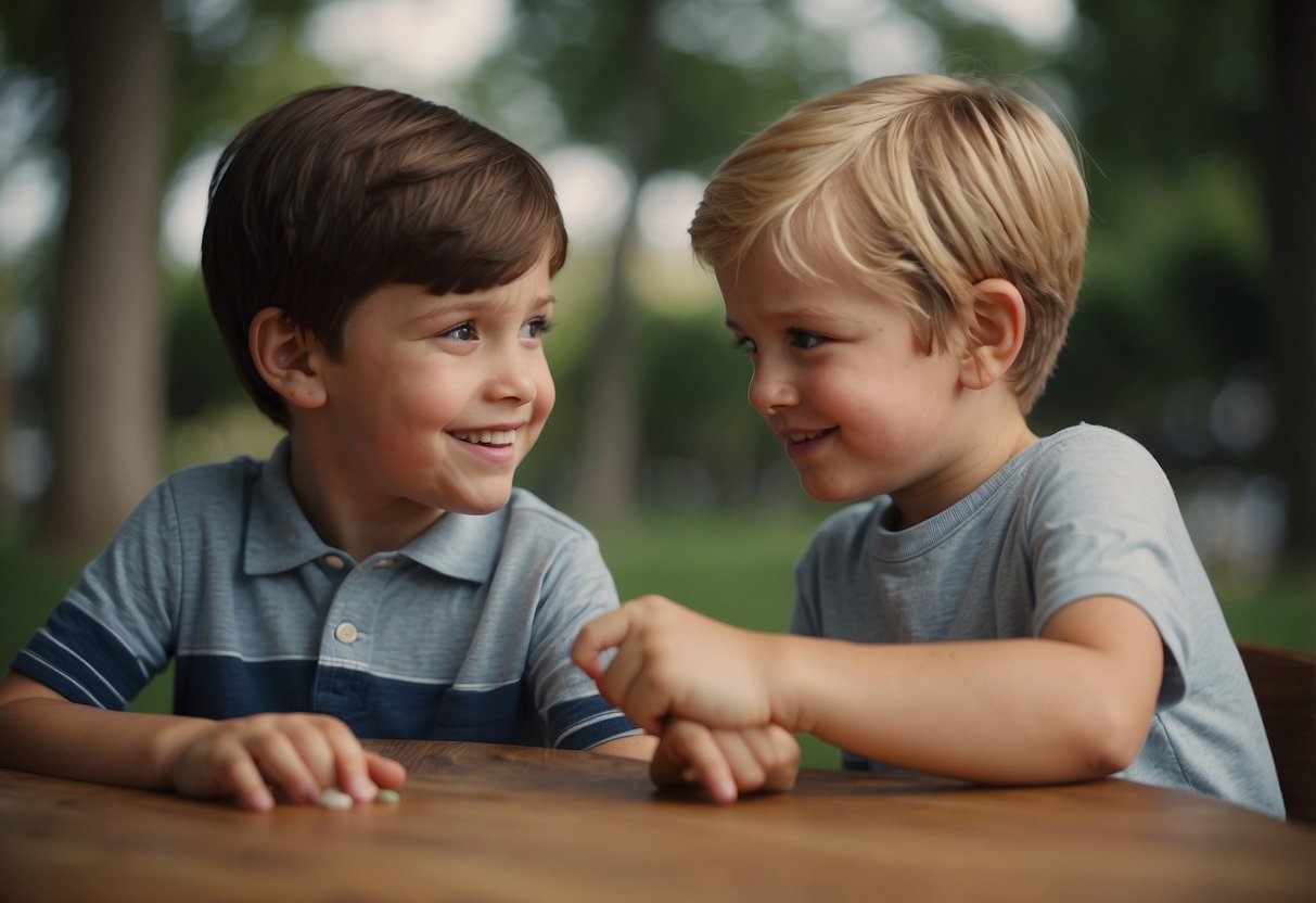 A young child gently explains their sibling's special needs to others, using simple language and showing understanding and compassion