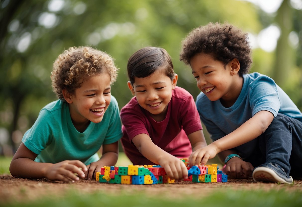 A group of diverse children play together, including a sibling with special needs. They engage in inclusive activities, showing compassion and understanding