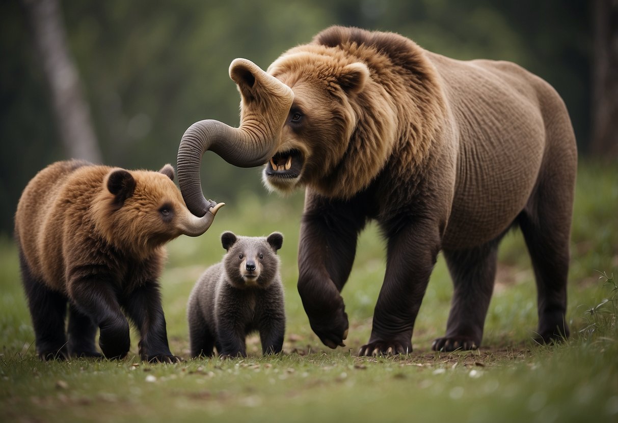 A group of animals of different sizes and abilities playing together, with one animal needing extra help and support