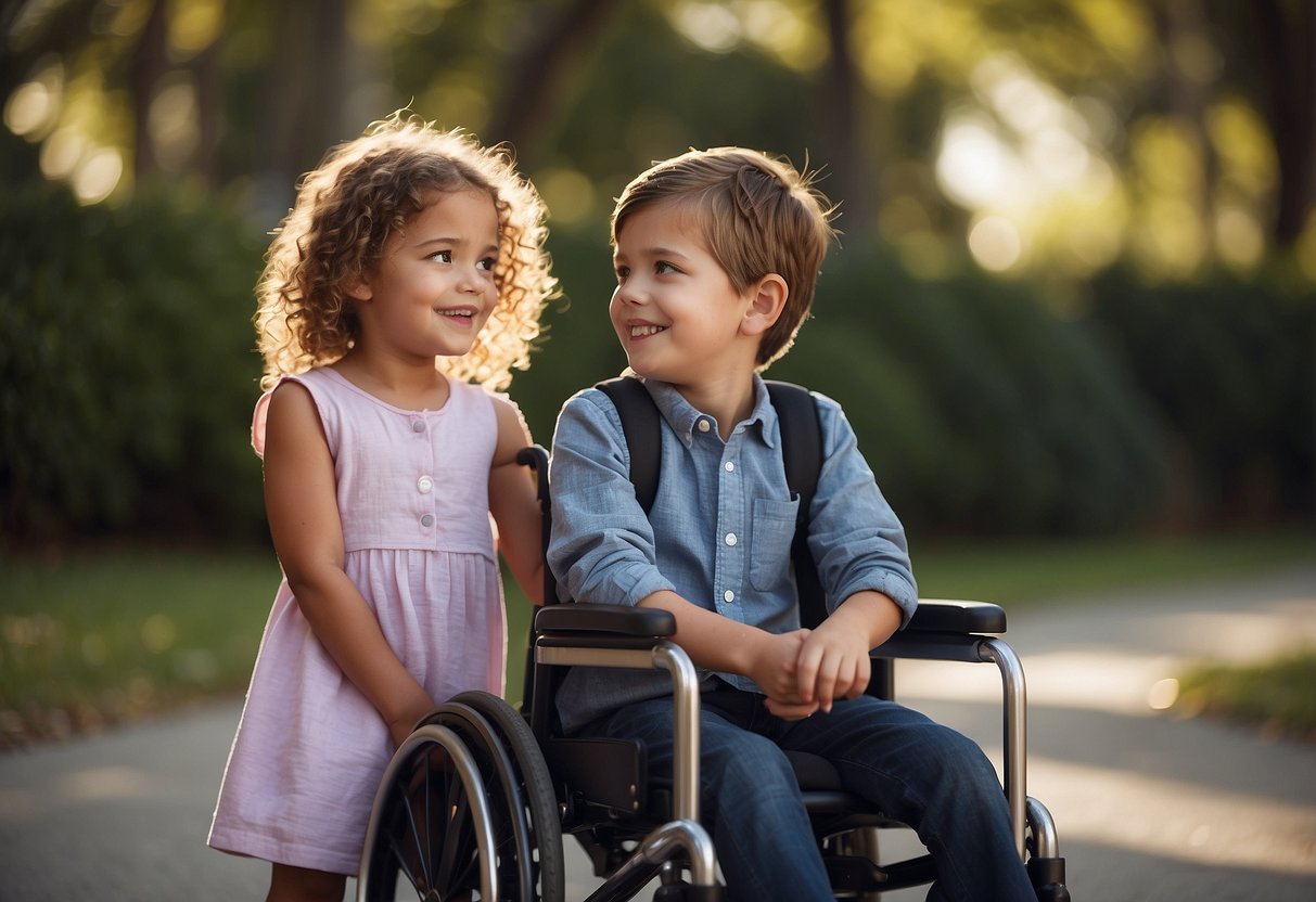 A young child looks up at their older sibling, who is using a wheelchair. The older sibling is smiling and gesturing to their communication device, while the younger child watches with curiosity and interest