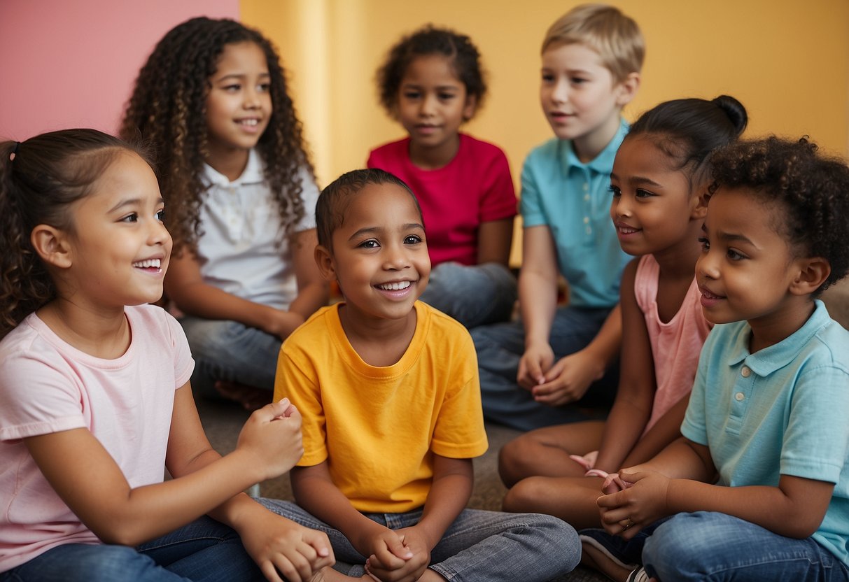 A group of diverse young children sit in a circle, listening attentively as a confident speaker explains special needs using visual aids and simple language