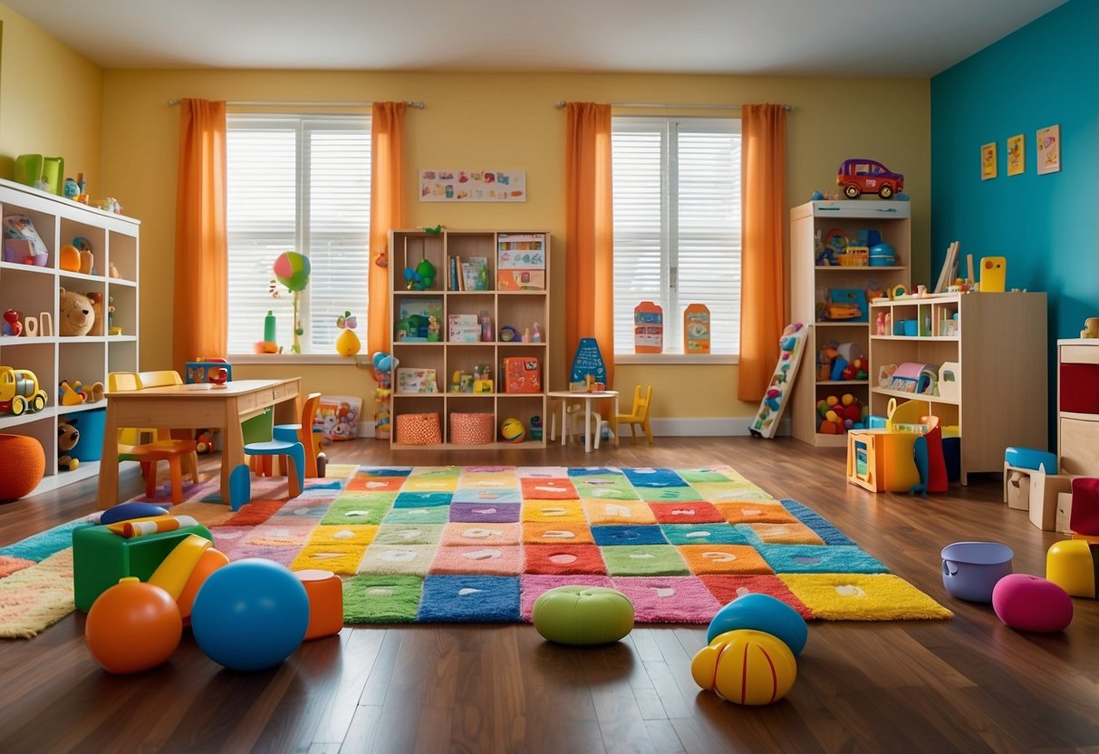 A colorful, organized room with separate areas for each child, labeled with their names. Toys and activities are easily accessible, promoting independence and reducing conflict