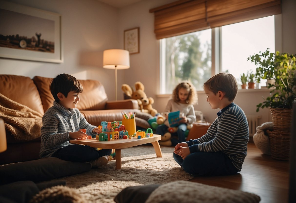 A cozy living room with a daily schedule posted on the wall. Siblings peacefully engage in activities together, following a structured routine. Toys and books are neatly organized, creating a harmonious environment