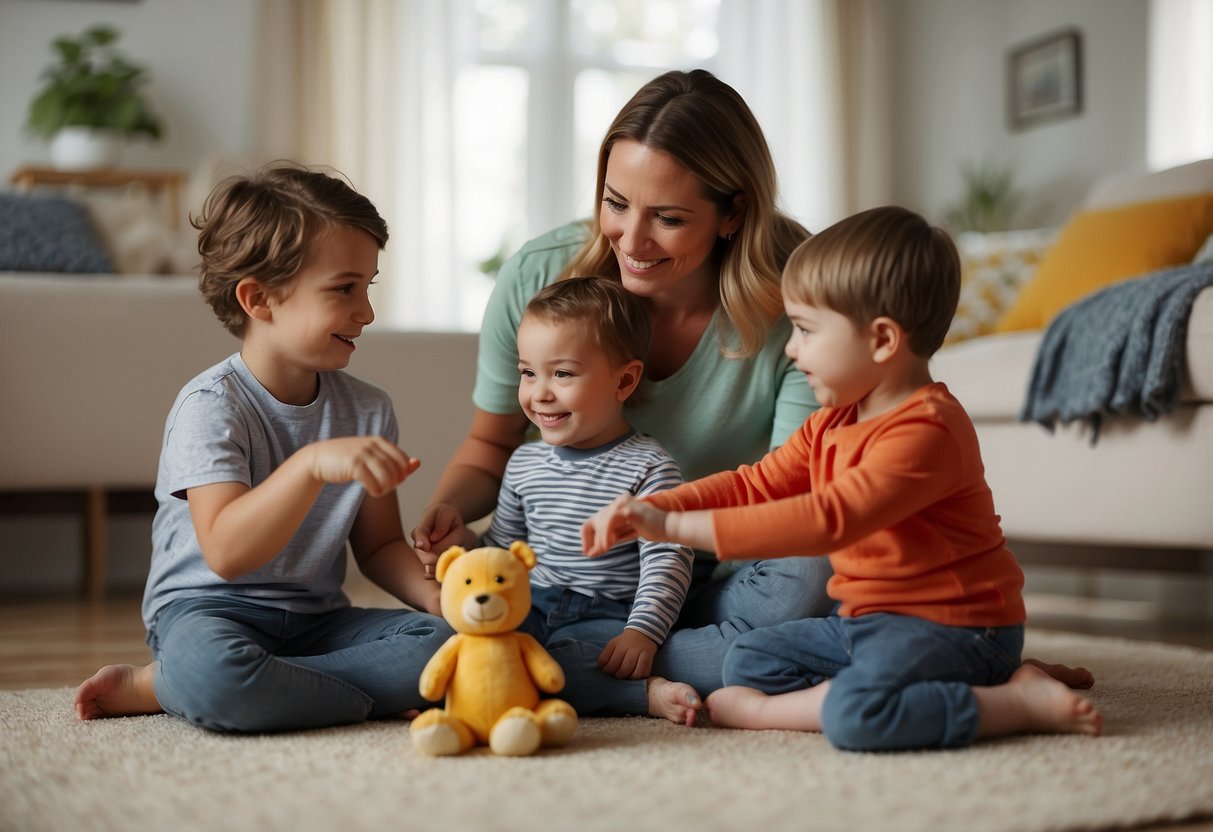 A parent sitting with two children, one with special needs, giving each individual attention. Toys and activities are spread out to prevent sibling rivalry