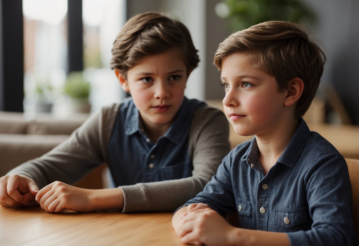 A group of siblings engage in open communication, using active listening and problem-solving techniques to prevent rivalry. They show empathy and understanding towards each other's special needs