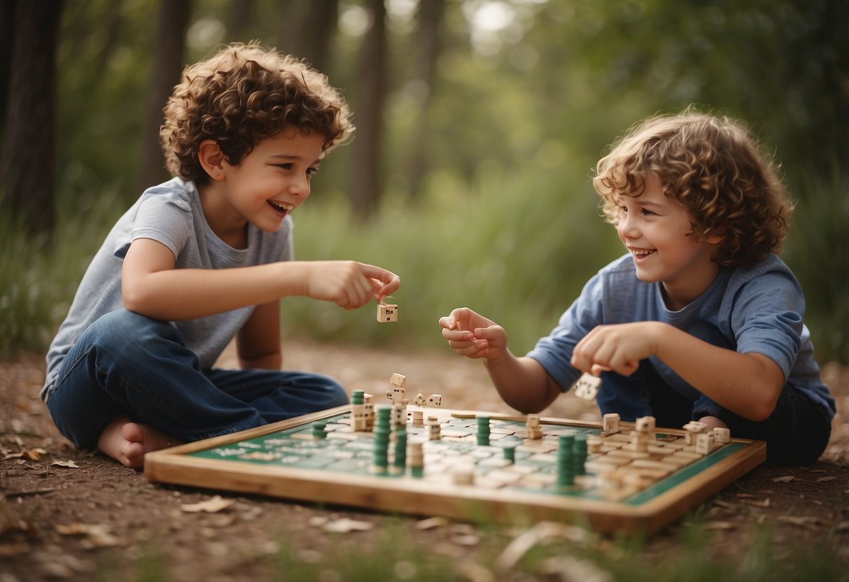 Siblings playing board games, laughing, and bonding. One sibling helps the other with a puzzle. Another pair enjoys a nature walk, exploring together