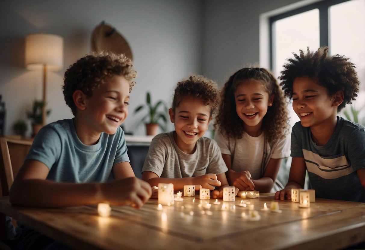 A group of siblings gather around a table, laughing and playing games together. The room is filled with warmth and joy as they bond over shared activities