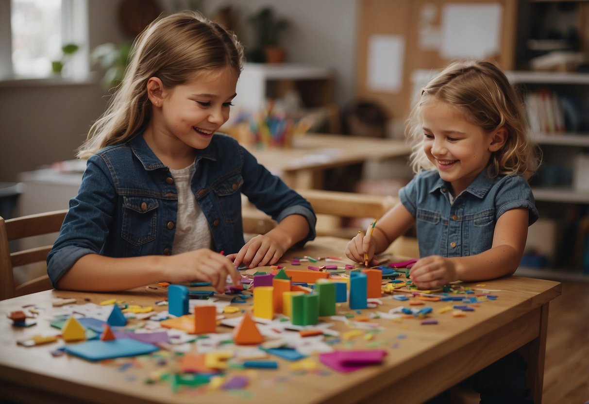 Siblings working together on art projects, smiling and laughing. Materials scattered around a table, with colorful drawings and crafts in progress