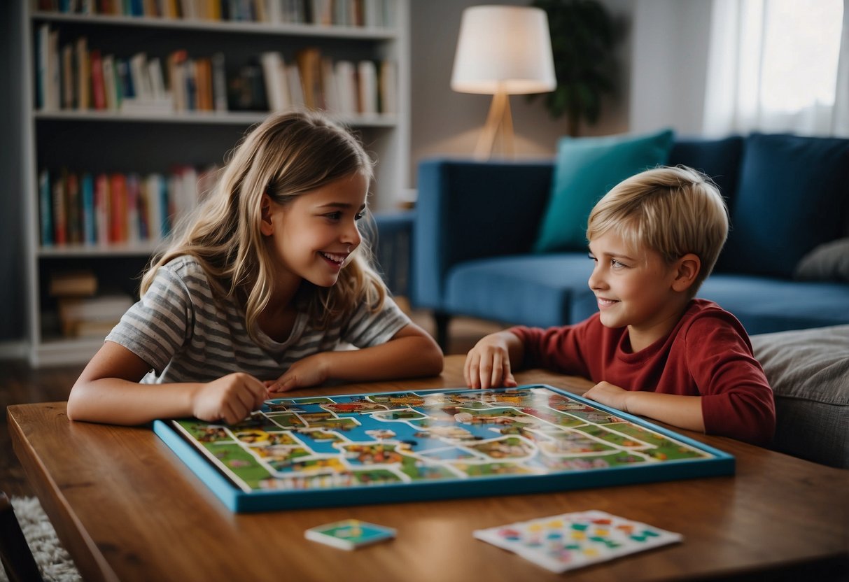 A cozy living room with two siblings reading together, surrounded by books and colorful cushions. A puzzle and board game sit nearby, ready for some friendly competition