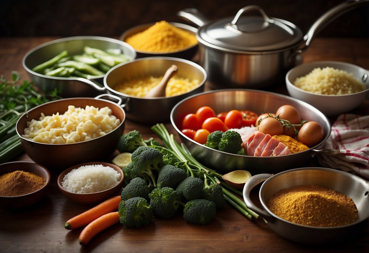 Two sets of cooking utensils, pots, and pans arranged on a kitchen counter. Ingredients like vegetables, meats, and spices scattered around. A recipe book open to a page with a colorful illustration of a dish