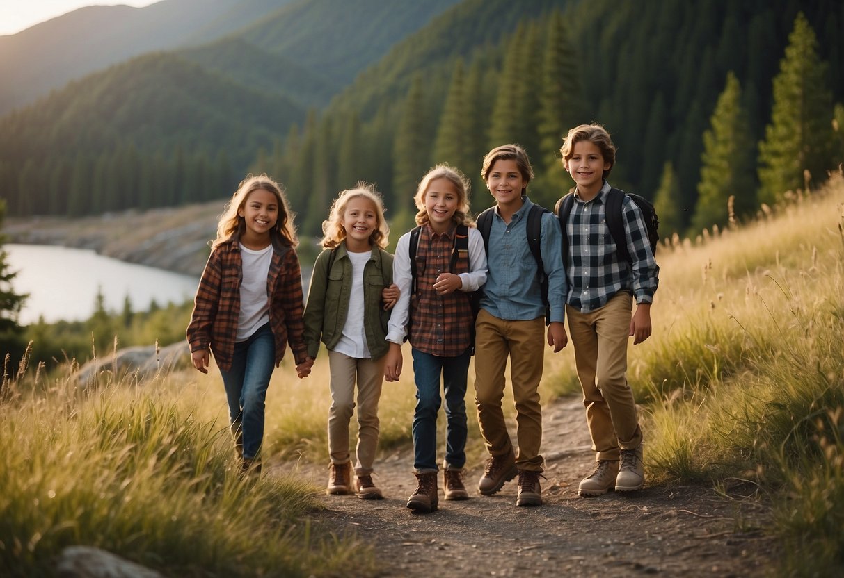 A group of siblings enjoys outdoor activities like hiking, fishing, and camping together, fostering strong bonds in a natural setting