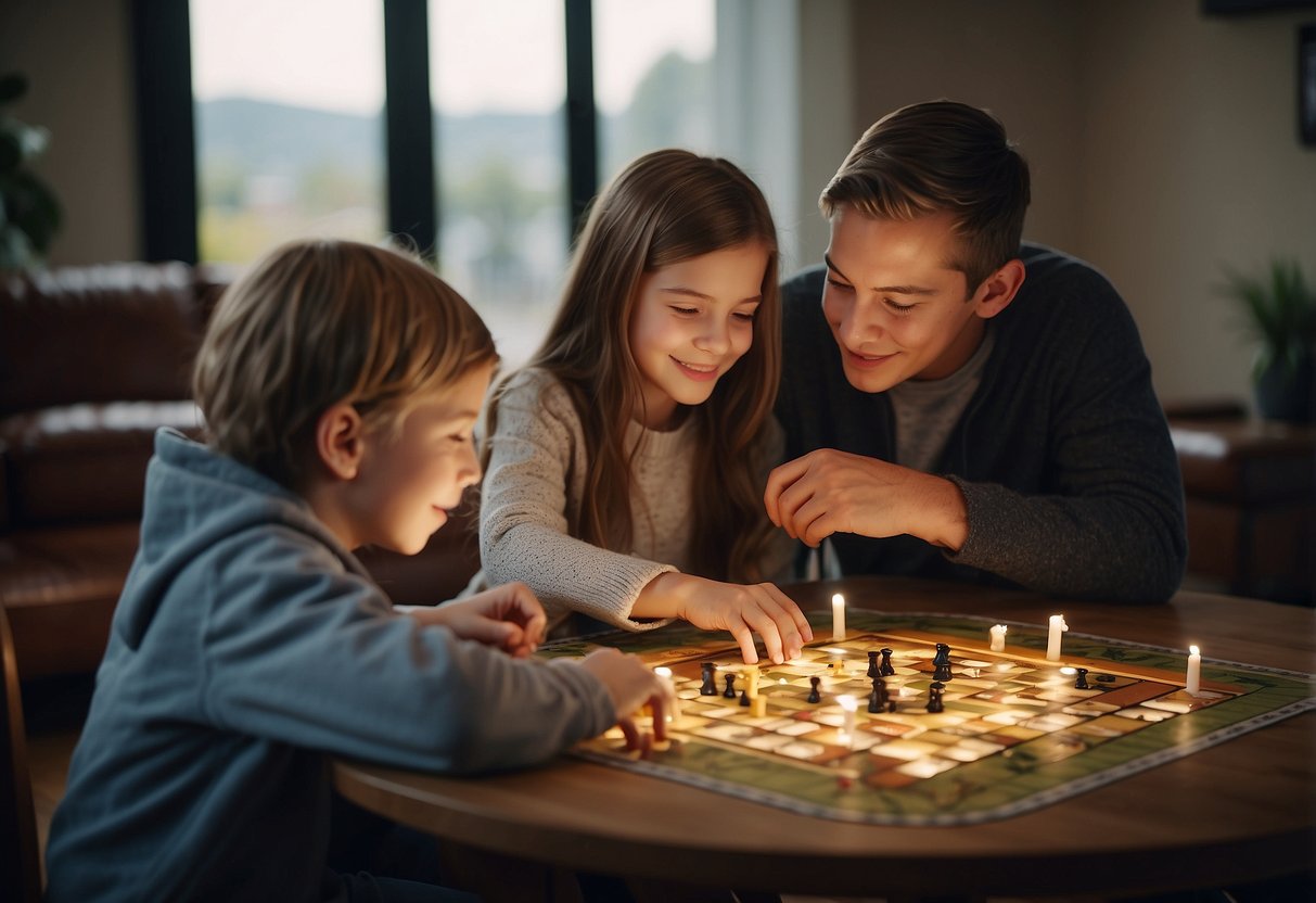 Siblings playing board games together, one helping the other with their turn. A puzzle half-finished on the table, with both working together to complete it