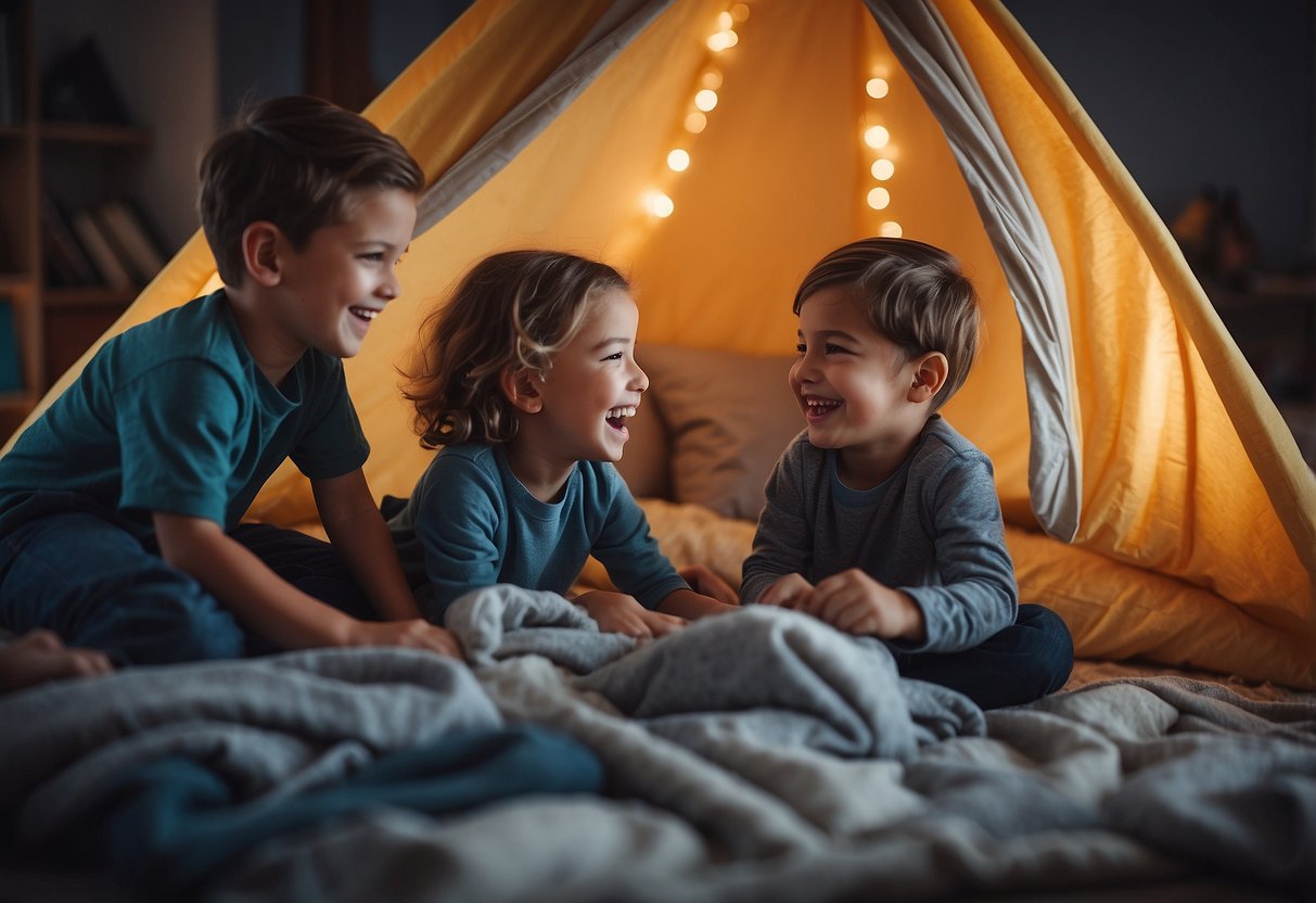 Children building forts with blankets and pillows, laughing and working together, creating a strong sibling bond