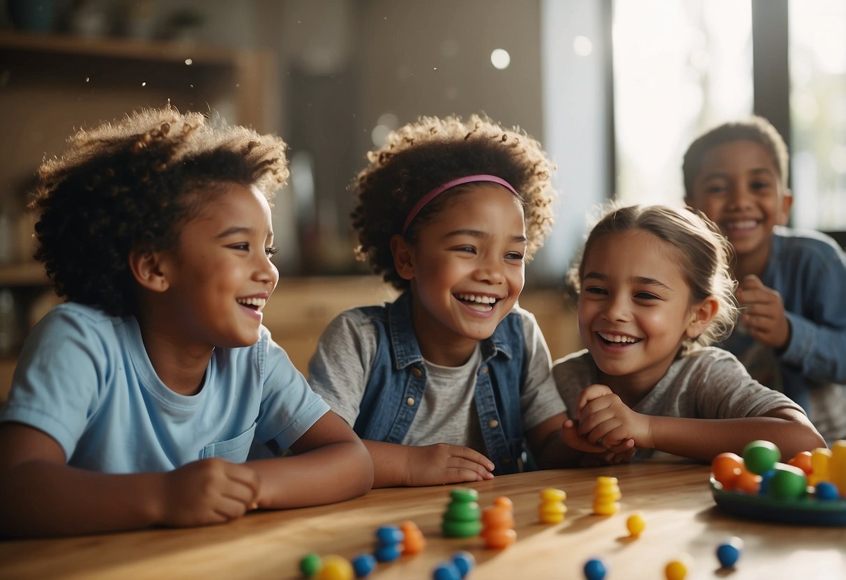 A group of diverse children engage in inclusive activities, laughing and playing together, fostering strong sibling bonds in a supportive environment