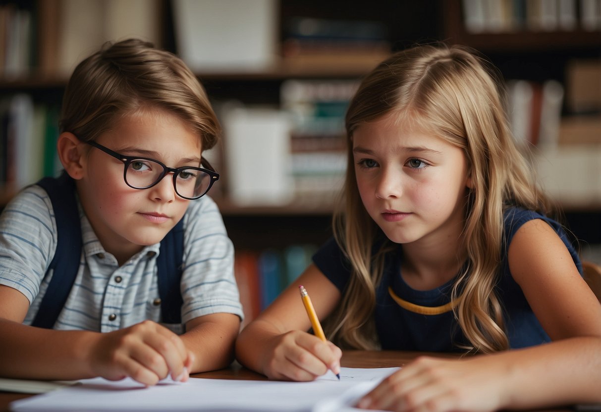 A younger sibling struggles with schoolwork while the older sibling patiently helps, surrounded by scattered papers and a supportive environment