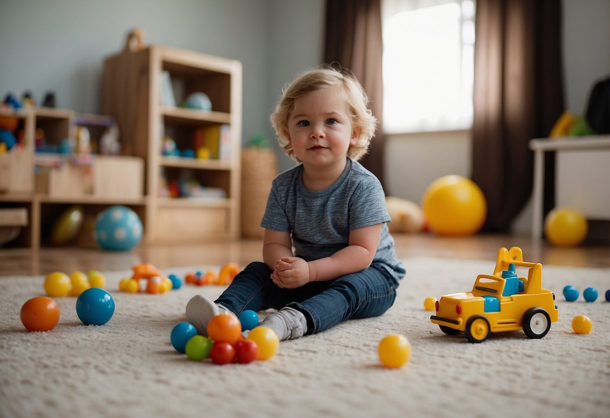 A child sits alone, surrounded by toys and games, as their siblings play together in the distance. The child's body language shows isolation and disengagement from the family activities