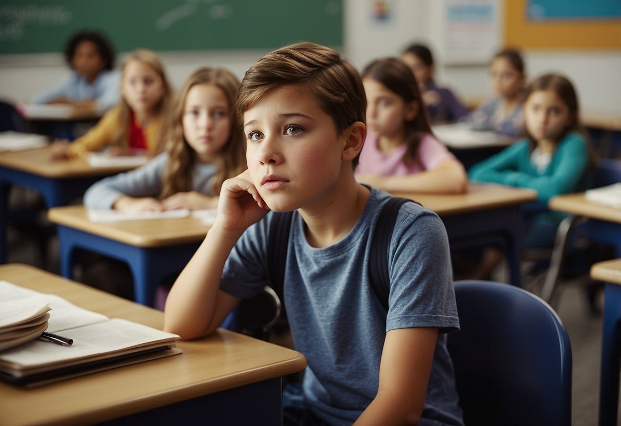 A cluttered classroom with disorganized desks and distracted students. A frustrated sibling tries to focus but is easily distracted by noise and movement