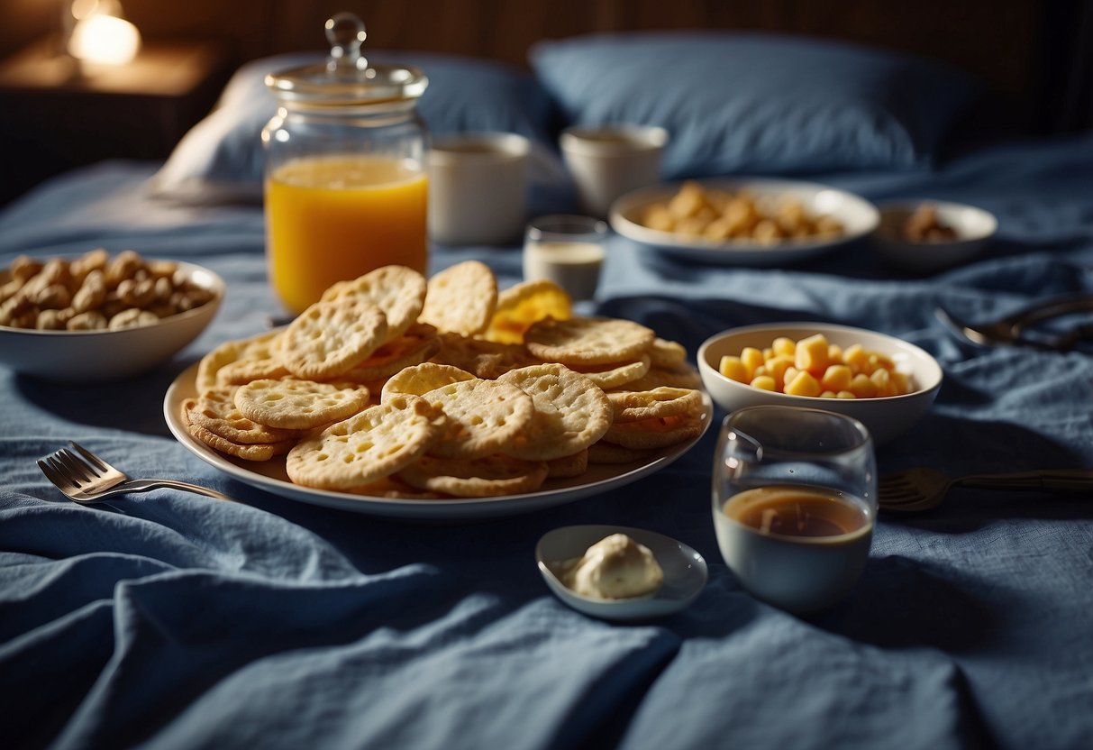 A table with half-eaten meals and scattered utensils. A clock showing late hours. A disheveled bed with rumpled sheets. Empty bags of snacks and a tired expression