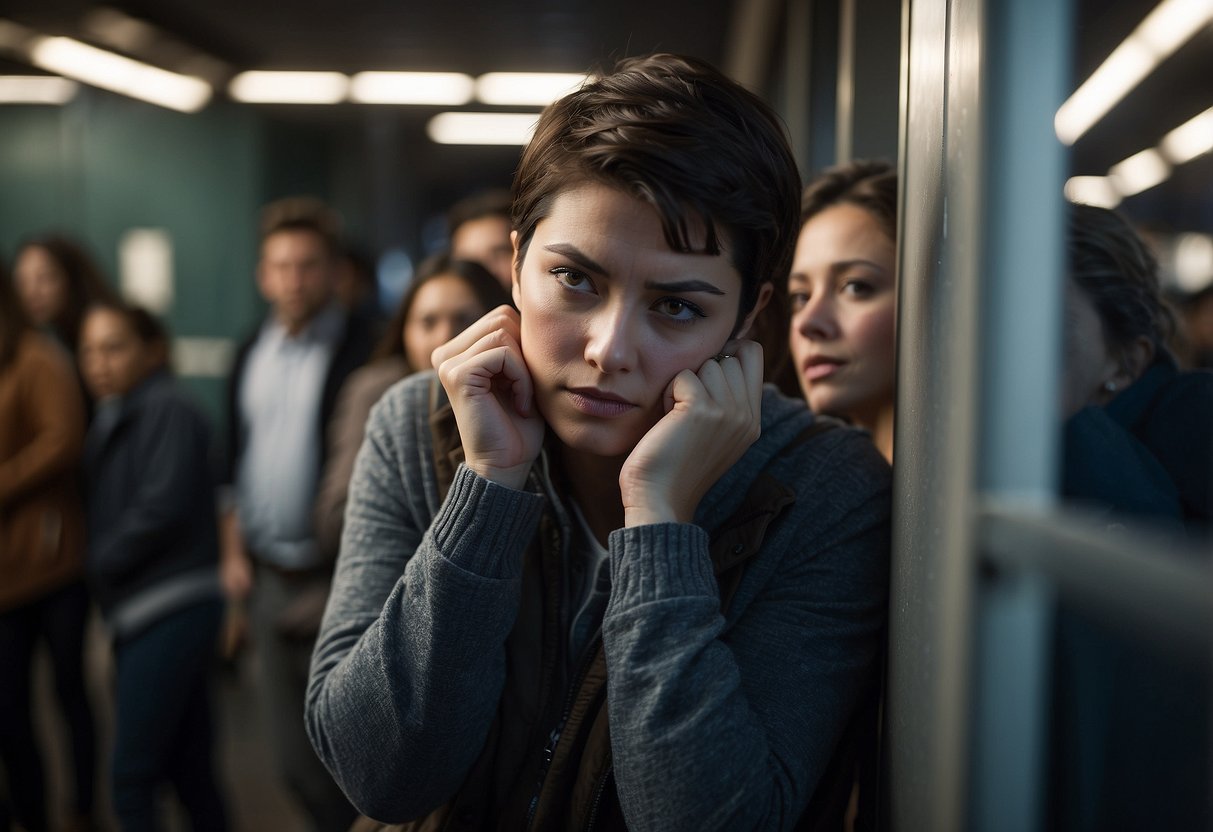 A figure huddled in a corner, surrounded by crowded spaces. Eyes averted, body tense, and a visible discomfort in the air