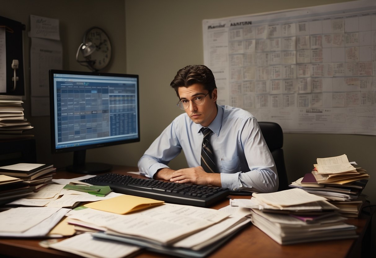 A cluttered desk with scattered papers and textbooks, a frustrated expression on a faceless figure, a sinking graph on a computer screen, and a calendar with missed deadlines