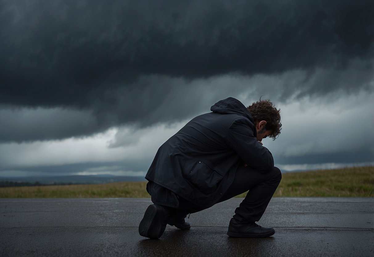 A figure hunched over, head down, surrounded by dark clouds. Empty expressions, slumped shoulders, and a heavy atmosphere convey feelings of worthlessness