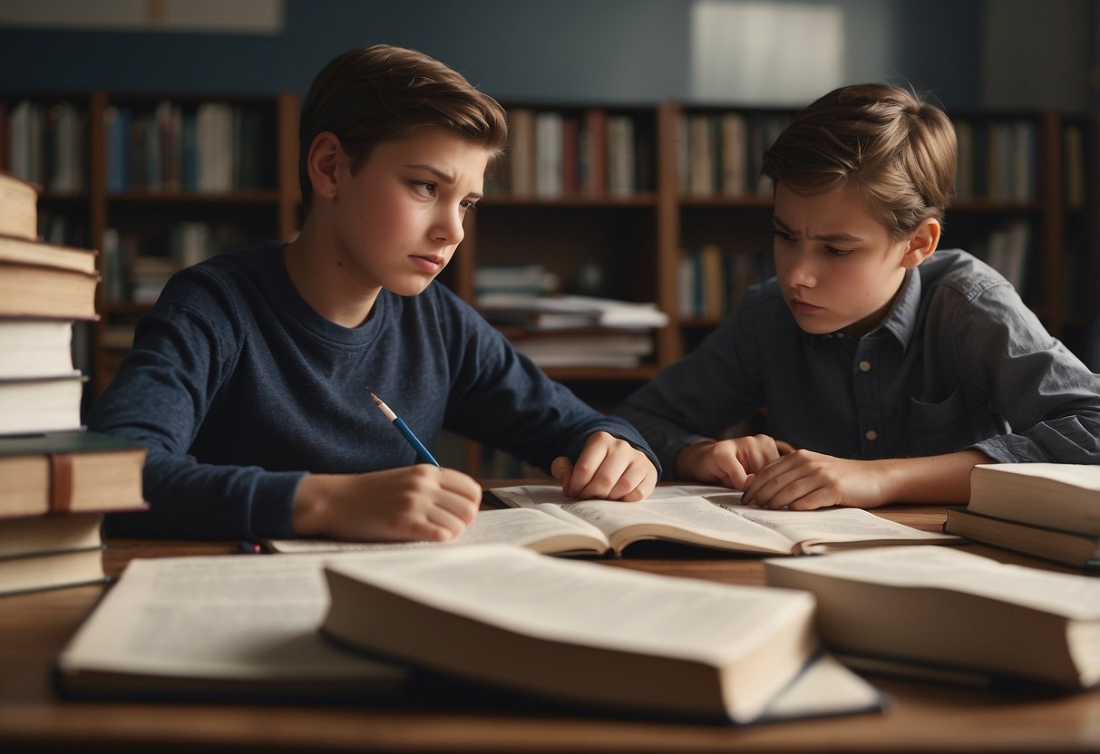 A student struggles with homework while their sibling looks on, concerned. Books and papers are scattered on the desk, and a frustrated expression is evident on the student's face