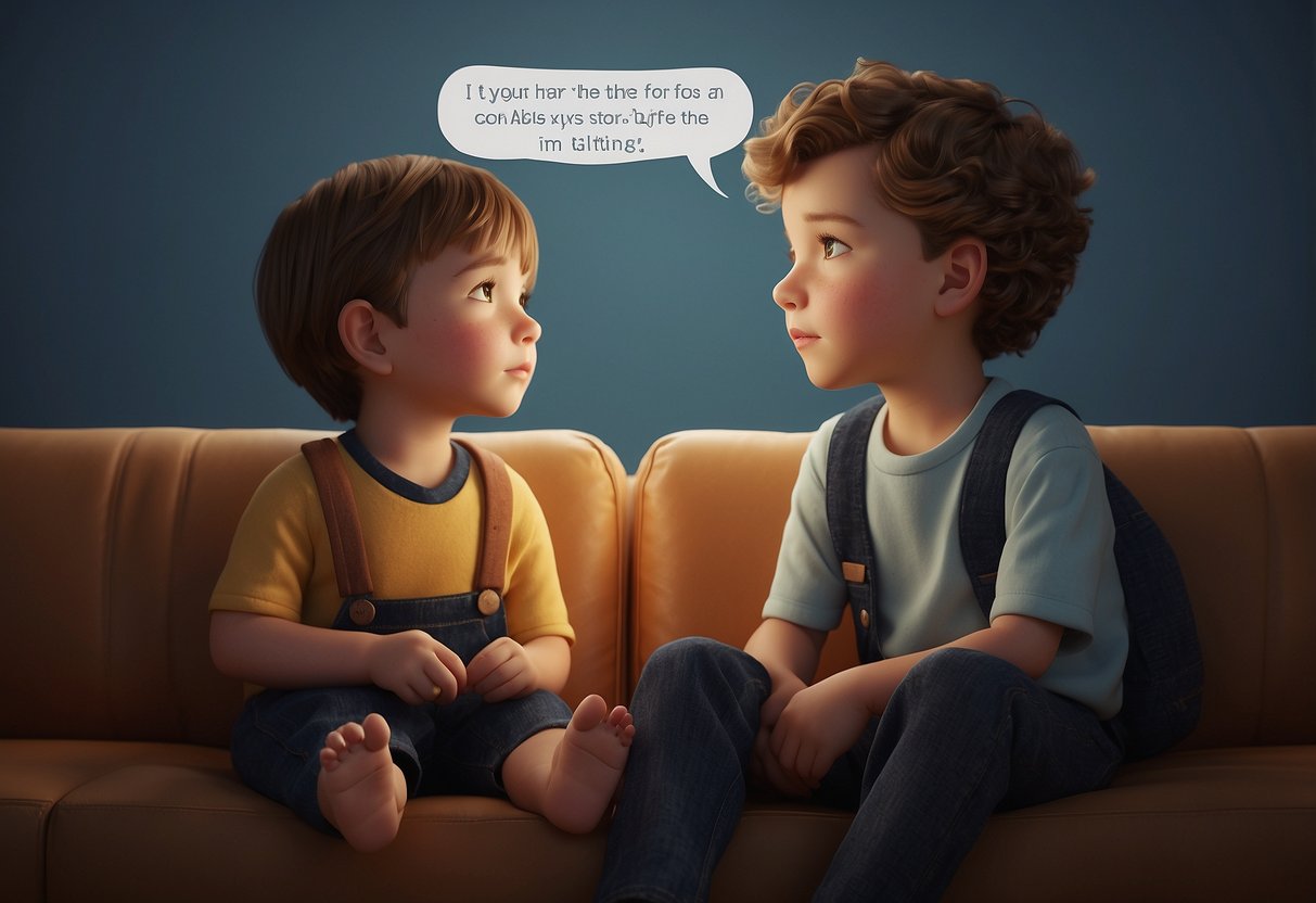 Two siblings sitting side by side, one looking down while the other reaches out to comfort them. A speech bubble above the comforting sibling reads "I'm here for you."