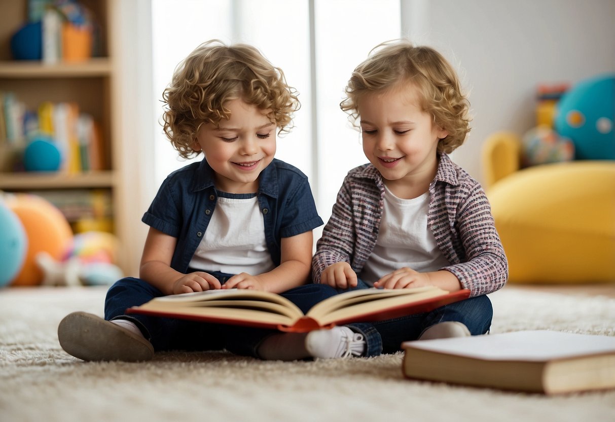 Two siblings playing together, one with a toy and the other with a book. Both are engaged and content, with equal attention and interaction