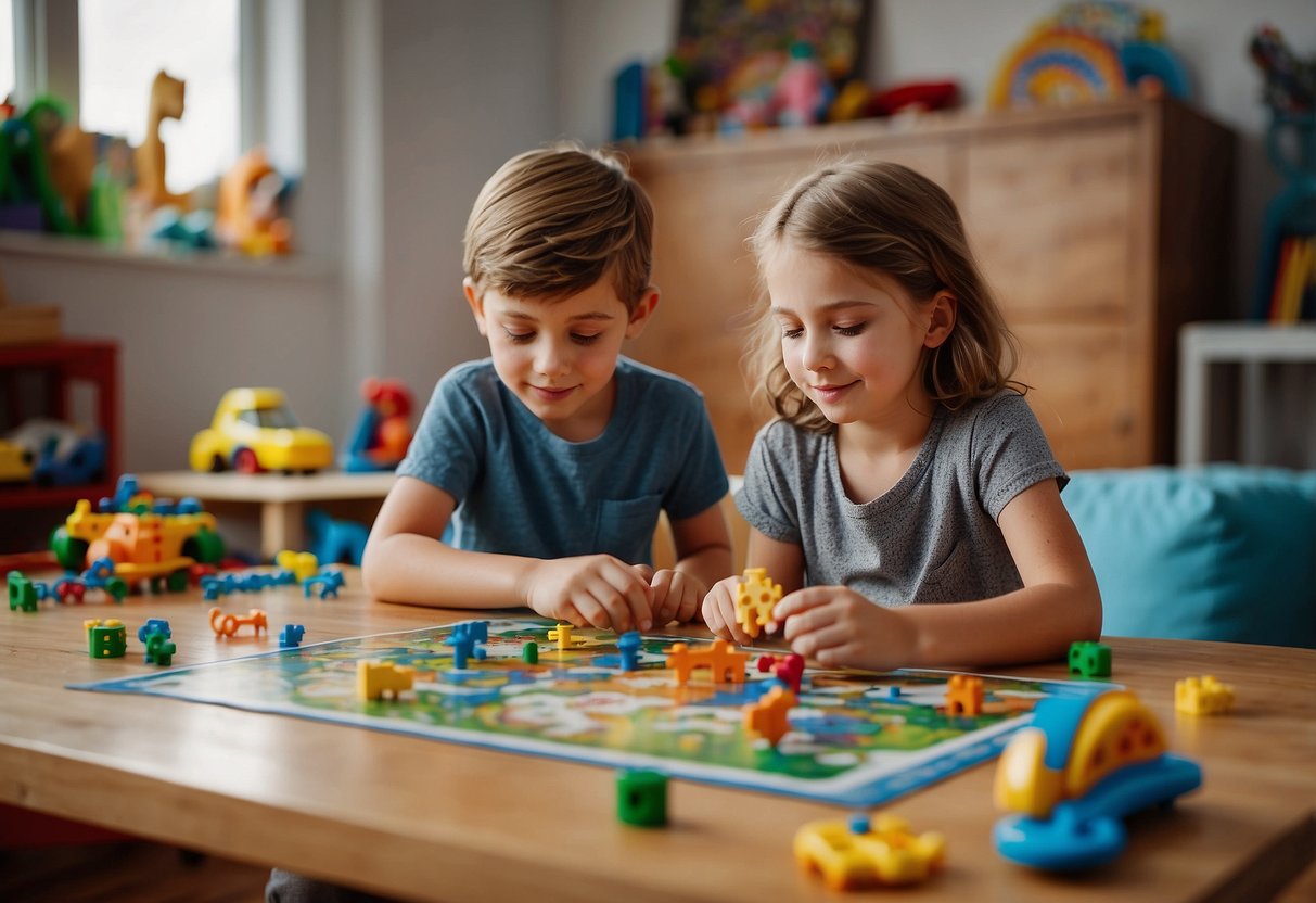 Two children sit at a table, each engaged in a different activity. One child works on a puzzle while the other reads a book. The room is filled with natural light and colorful toys are scattered around the floor