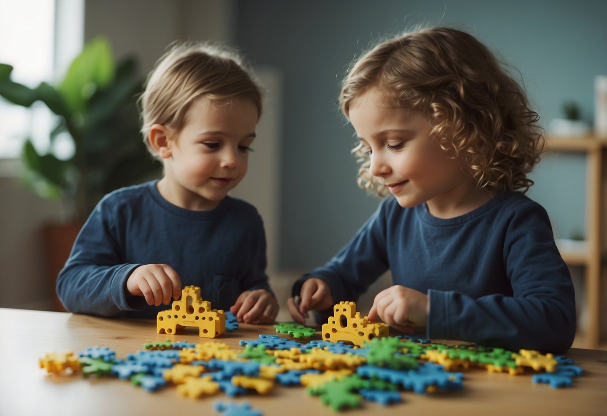 Two siblings playing together, taking turns and sharing toys. One sibling helping the other with a puzzle. The siblings working together on a project, each contributing equally