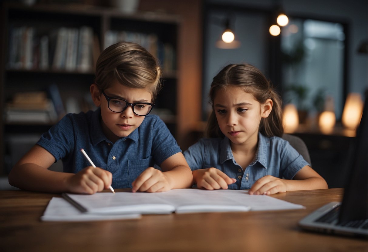 Siblings working together on a project, sharing materials and ideas. One sibling listens attentively while the other speaks, showing cooperation and mutual respect