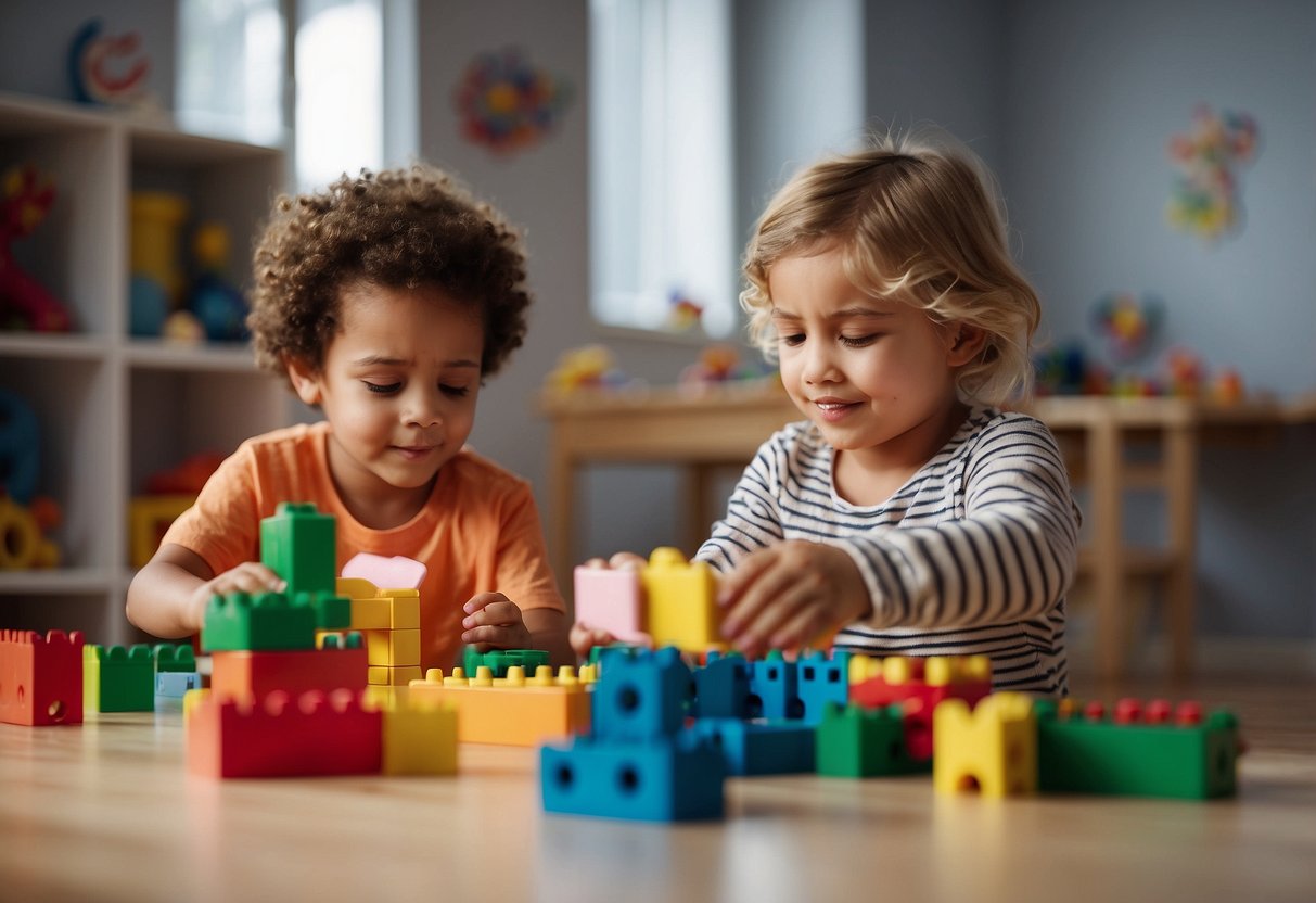 Two children playing in a room, each with their own designated play area. One child is building with blocks while the other is coloring at a separate table. Toys are neatly organized in their respective spaces