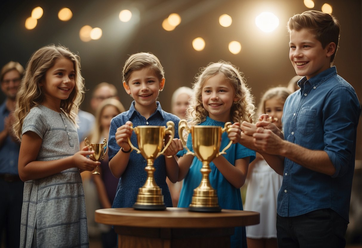 Siblings receiving trophies and certificates, while others cheer. Balancing scales with achievements on one side and siblings on the other