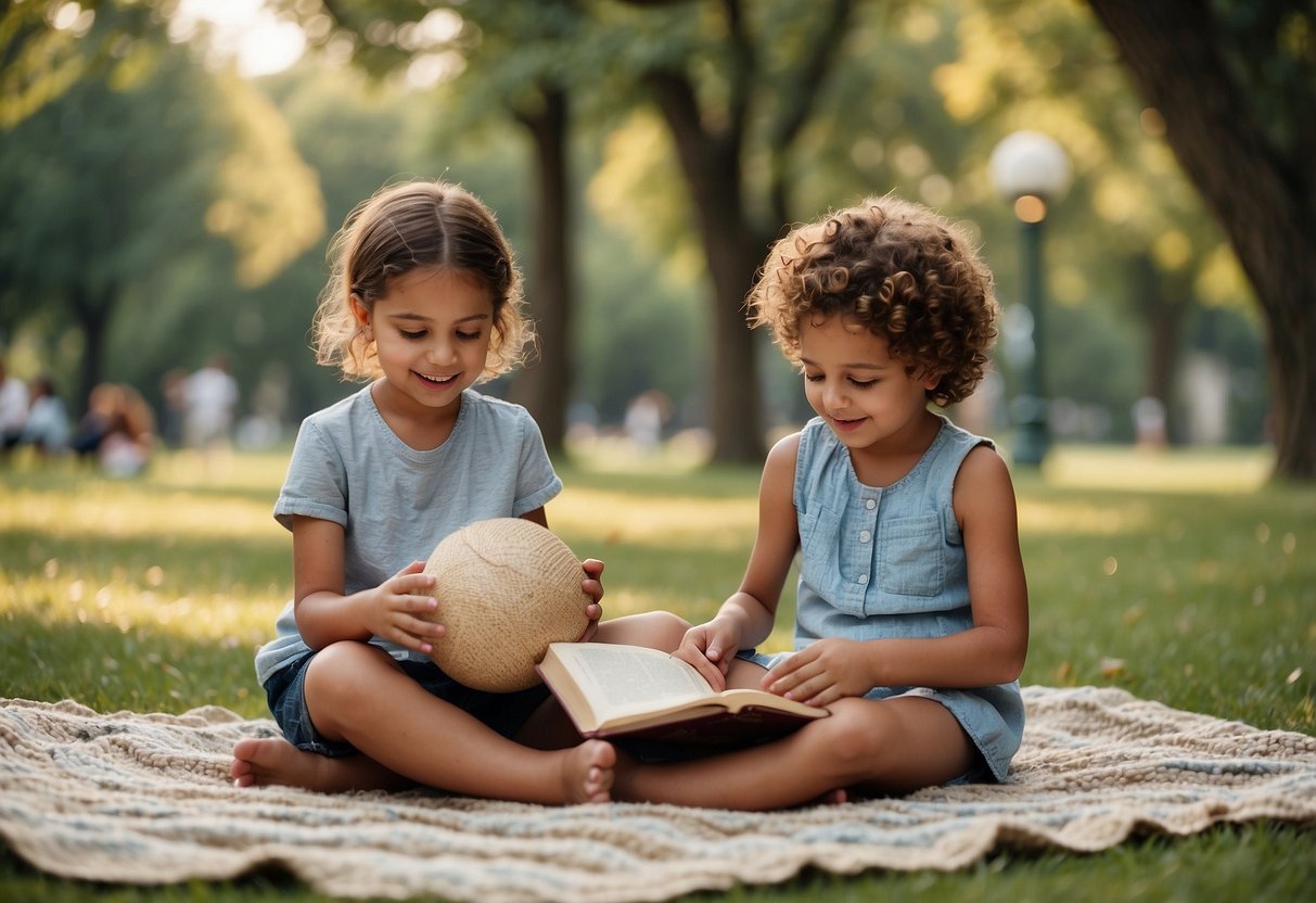 Two children playing together, one with a ball and the other with a book. They are sitting on a blanket in a park, surrounded by trees and a few other families