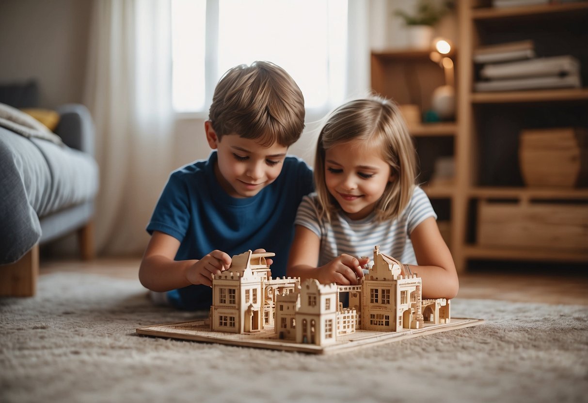 Two siblings playing in a room, each engaged in separate activities. One reading a book in a cozy corner, while the other works on a puzzle at a nearby table