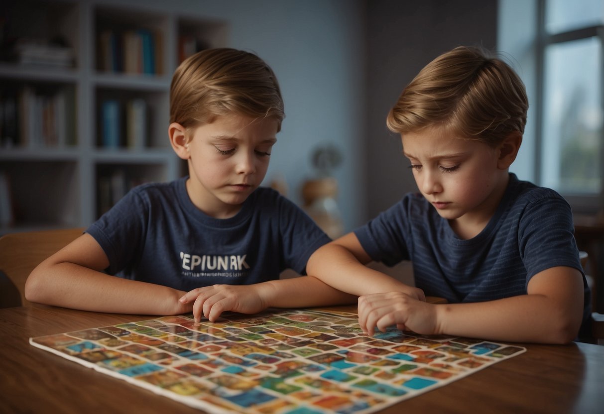 Two siblings sit at a table, each engrossed in their own activity. One reads a book while the other works on a puzzle. A clock on the wall shows it's time for a break