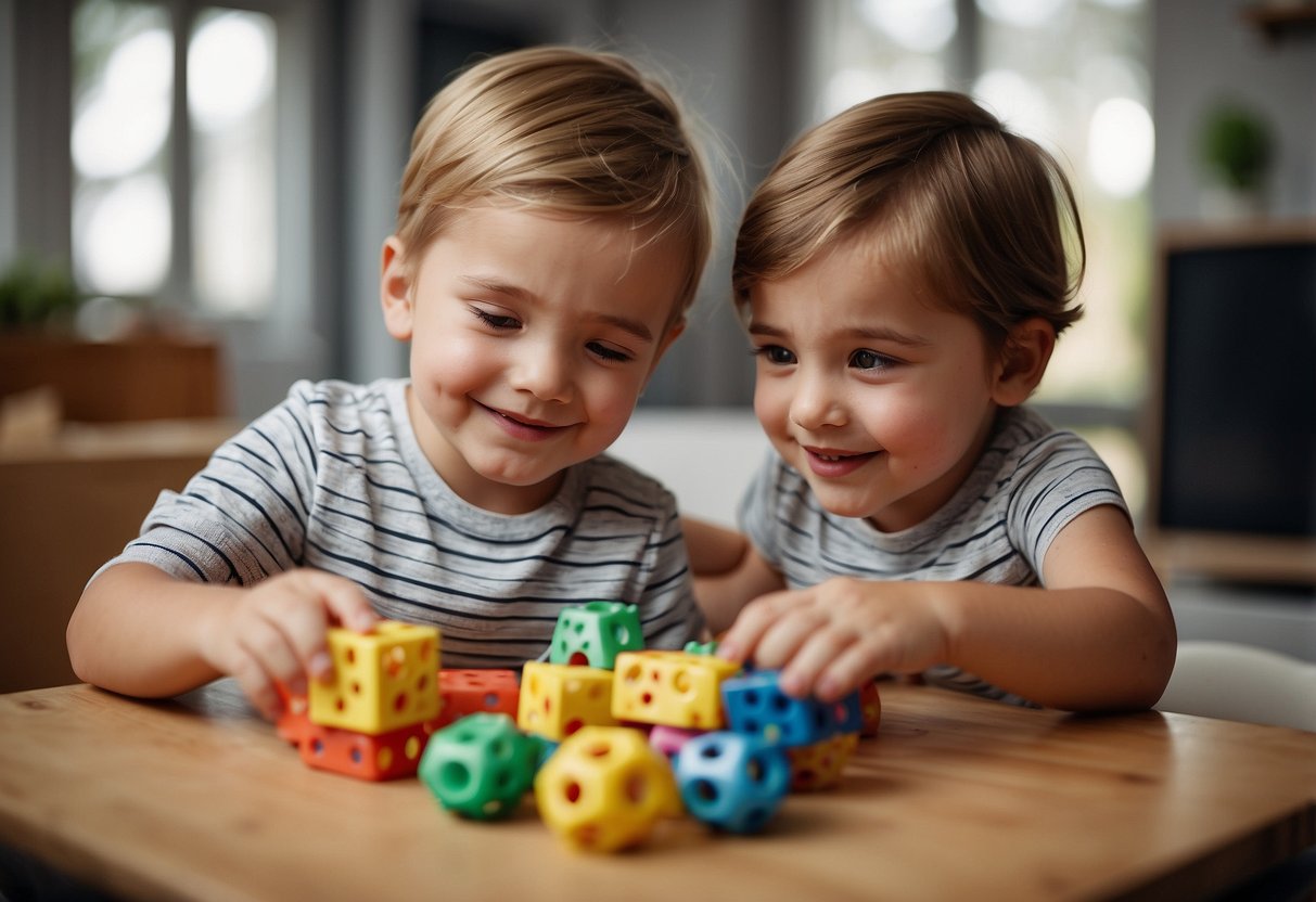 Two siblings engage in a cooperative activity, sharing toys and taking turns. They both appear engaged and content, demonstrating a balanced level of attention and interaction