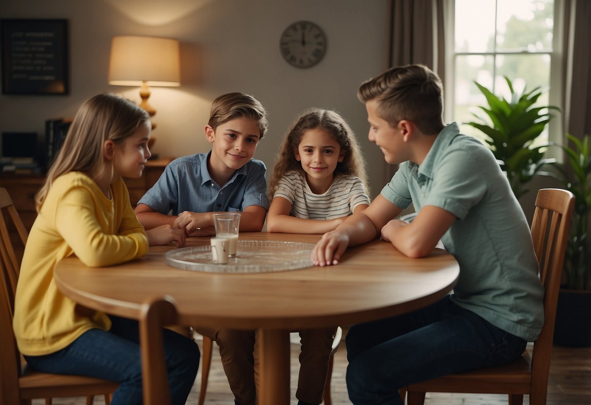 Siblings gathered around a table, engaged in conversation. One sibling takes the lead, while the others listen and respond, creating a dynamic and interactive atmosphere