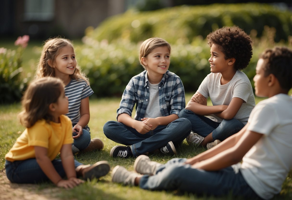 Siblings sitting in a circle, engaged in conversation. Each one is attentively listening and speaking, expressing their expectations and responsibilities within the family dynamic