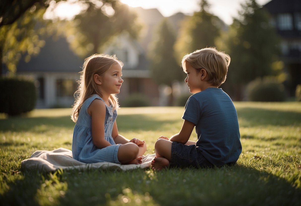 Siblings sit in a circle, facing each other, talking openly. They express their feelings and listen attentively, seeking to understand and resolve past conflicts