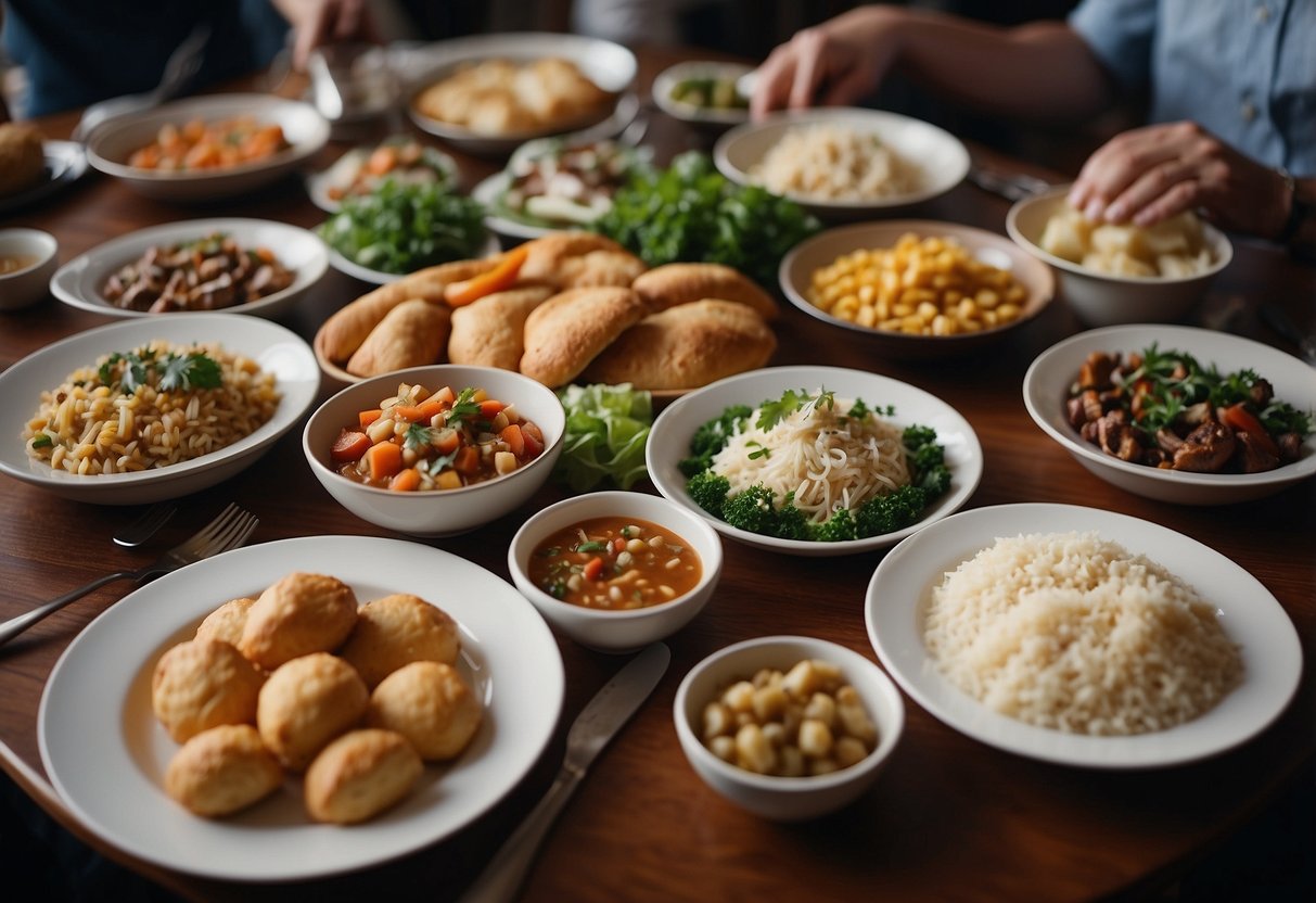 A table set with a variety of traditional family dishes, surrounded by siblings engaged in conversation about their roles in the family