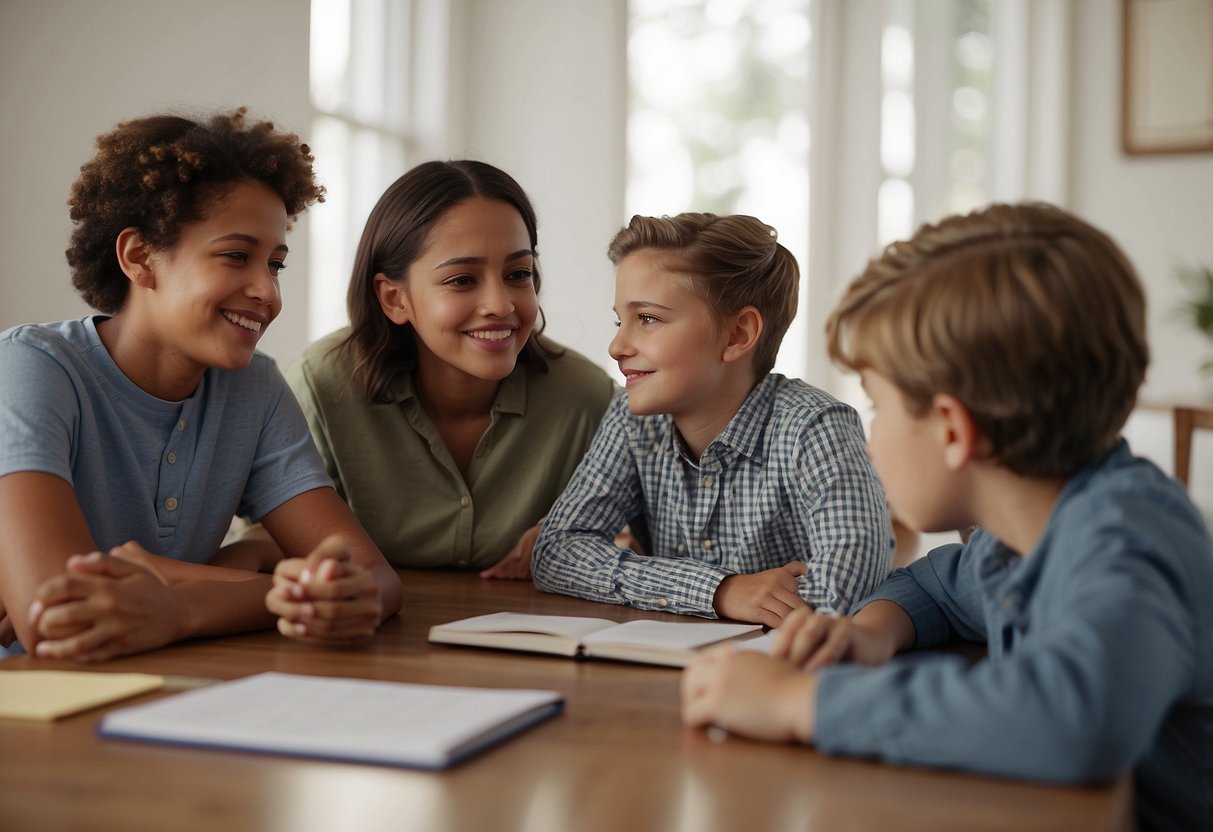 A group of siblings sit around a table, engaged in deep conversation. They are actively listening to each other, offering support, and discussing their roles within the family unit