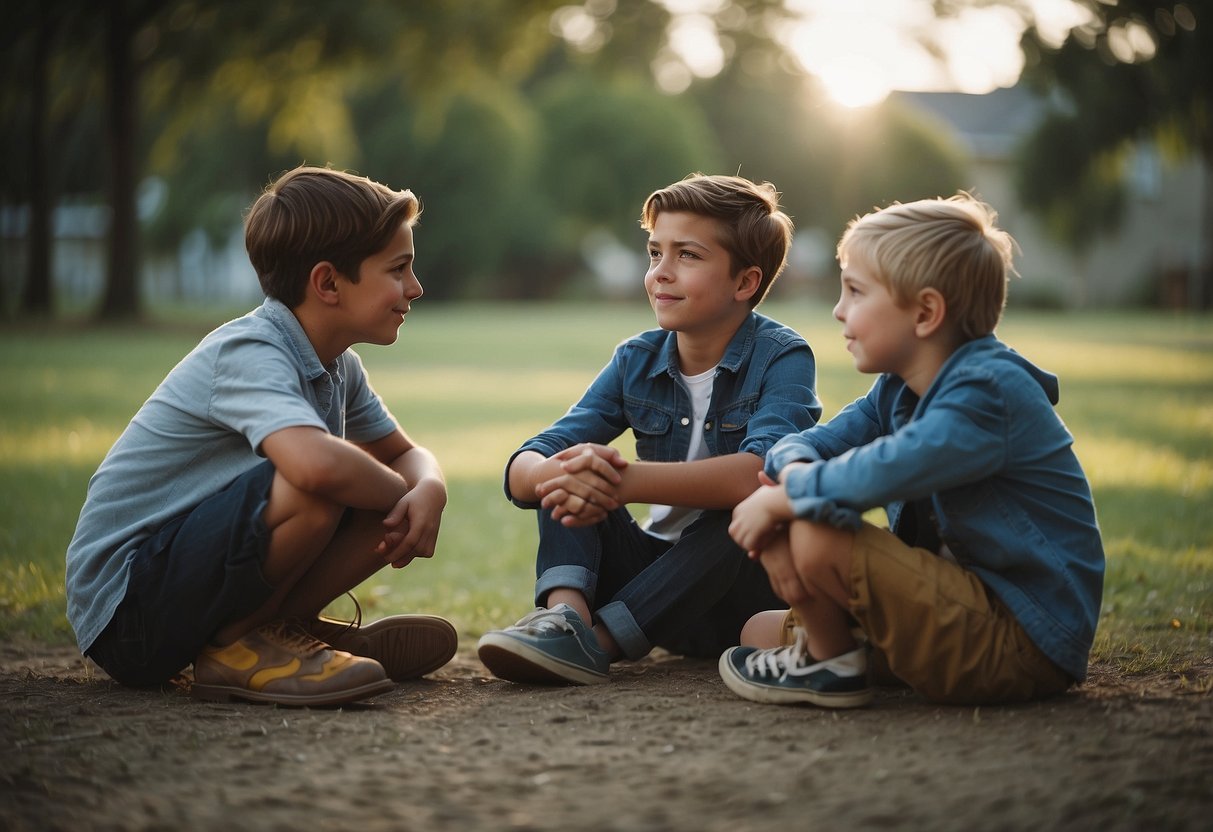 Siblings sit in a circle, engaged in deep conversation. Each one is expressing their thoughts and feelings, while also listening attentively to their siblings. The atmosphere is one of openness, understanding, and mutual respect