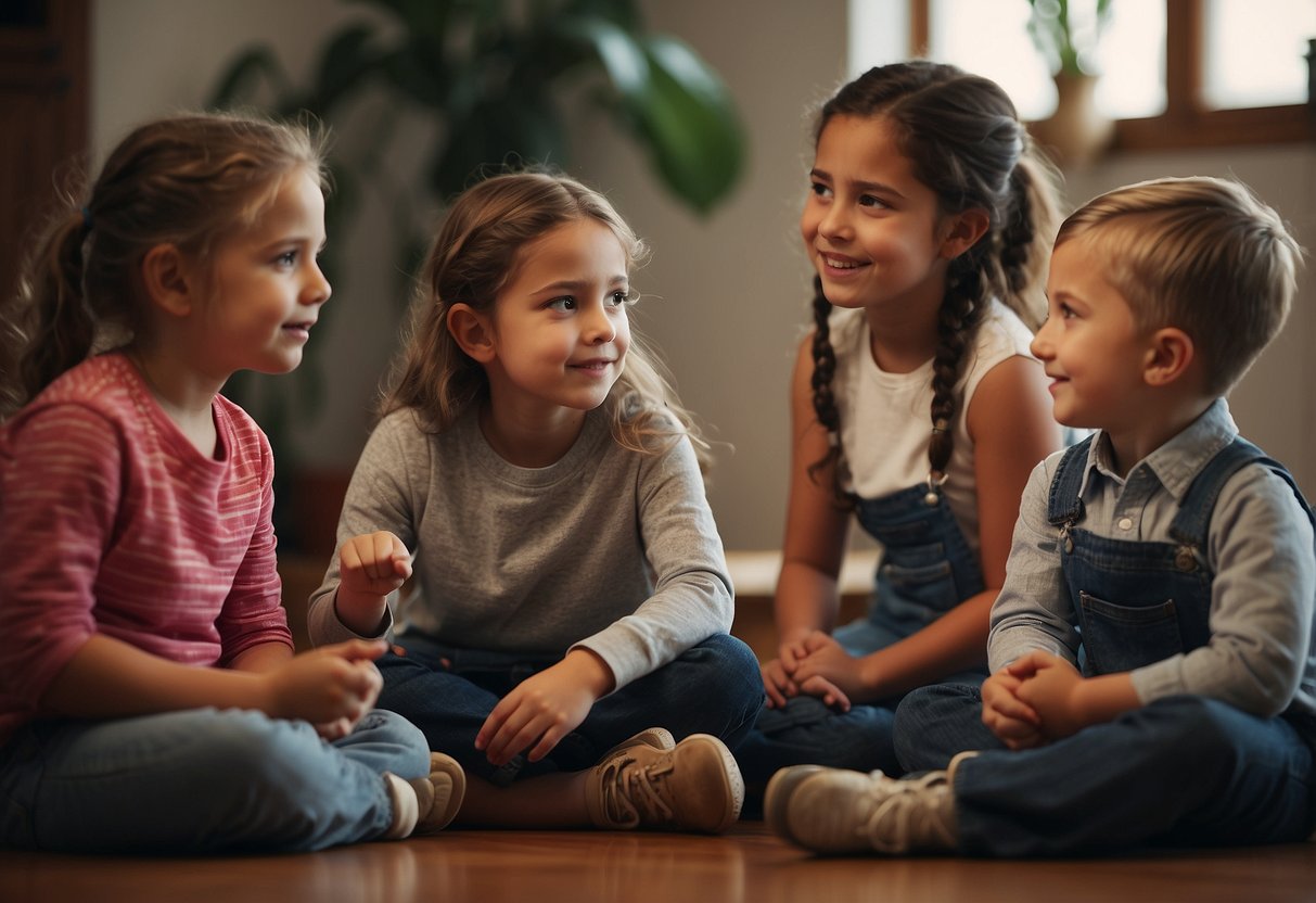 Siblings sit in a circle, talking openly. One gestures while discussing their role in the family. Others listen attentively, nodding in agreement